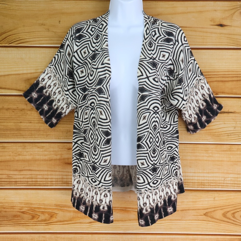 Chico's Short Sleeve Cardigan Sweater Womens Size 3 Brown Geometric Open Front